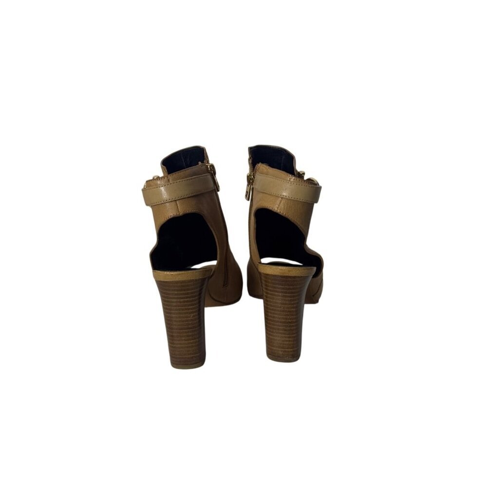 Coach Tan Leather Peep-Toe Heeled Booties With Gold Zipper & Buckle Detail - Picture 2 of 9